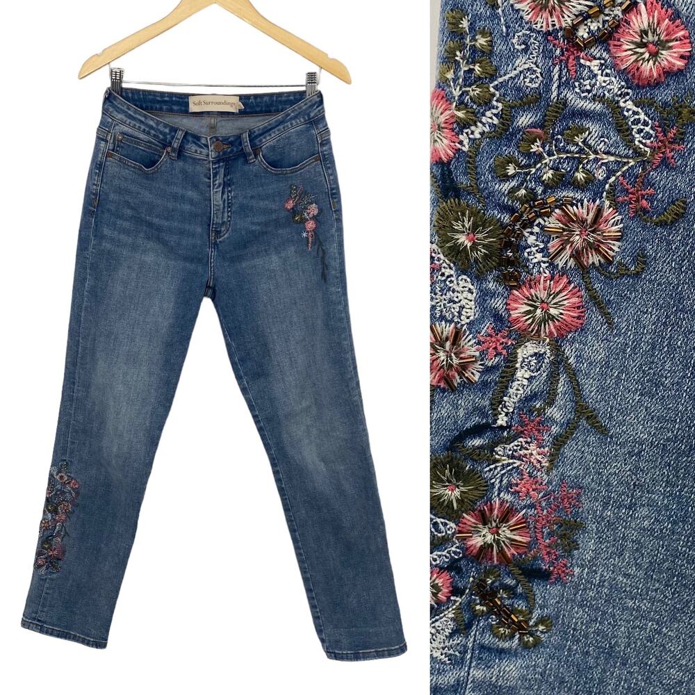 Soft Surroundings Embroidered Floral Jeans Beaded Embellished Boyfriend Fit 4